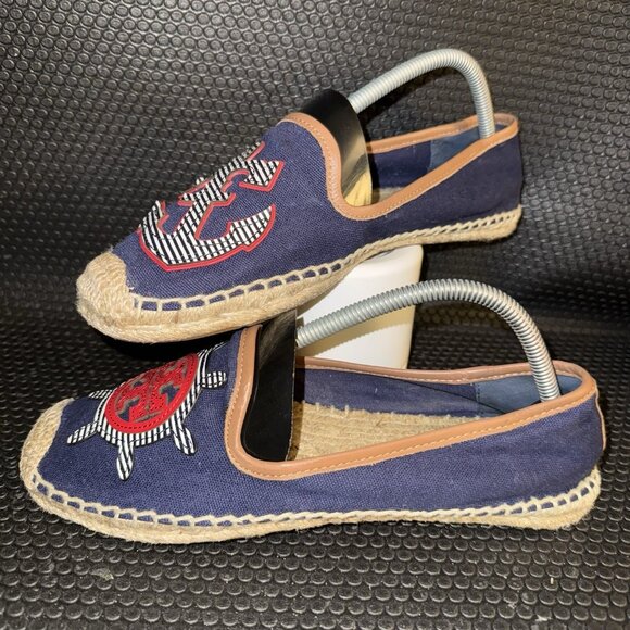 Tory Burch Flats Denim Navy Nautical Beach Slip On Fish Sailboat Women's Size 10 - Picture 1 of 10
